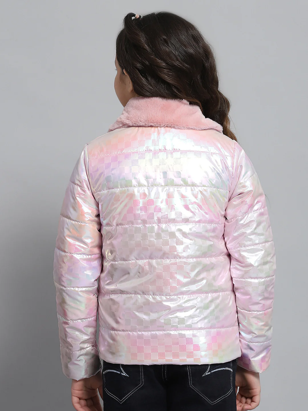 Girls Pink Self Design Collar Full Sleeve Jacket - Image 5