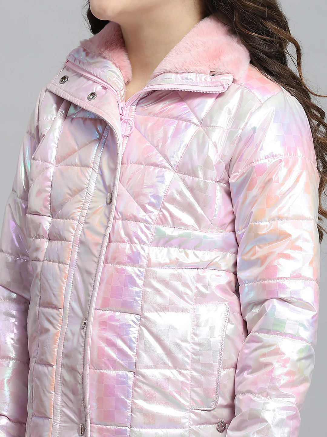 Girls Pink Self Design Collar Full Sleeve Jacket - Image 7