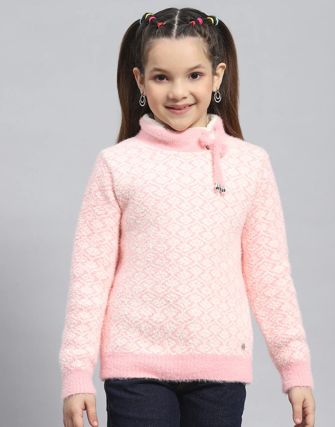 Girls Pink Self Design H Neck Full Sleeve Sweater - Image 2