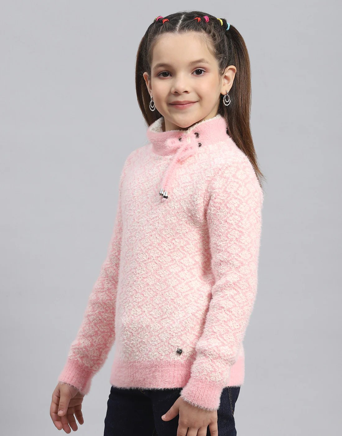 Girls Pink Self Design H Neck Full Sleeve Sweater - Image 3
