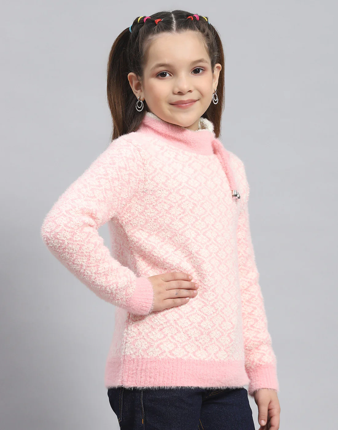 Girls Pink Self Design H Neck Full Sleeve Sweater - Image 4