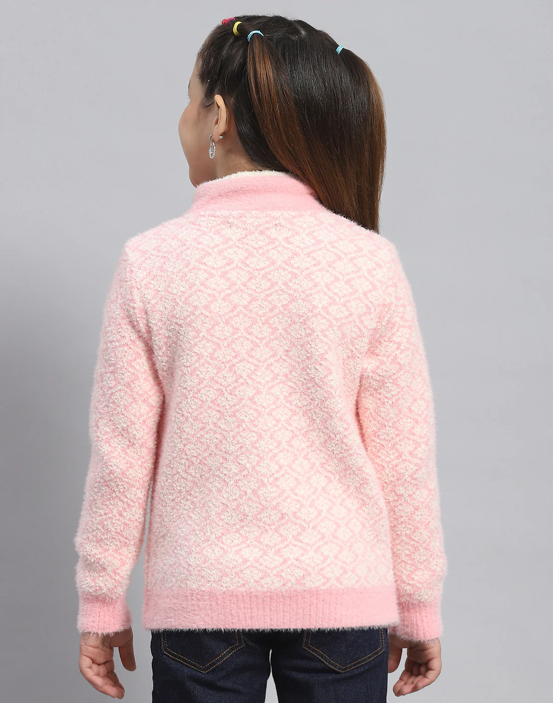 Girls Pink Self Design H Neck Full Sleeve Sweater - Image 5