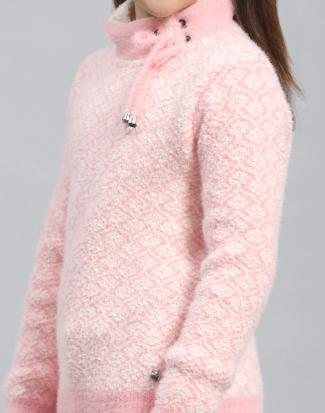Girls Pink Self Design H Neck Full Sleeve Sweater - Image 7
