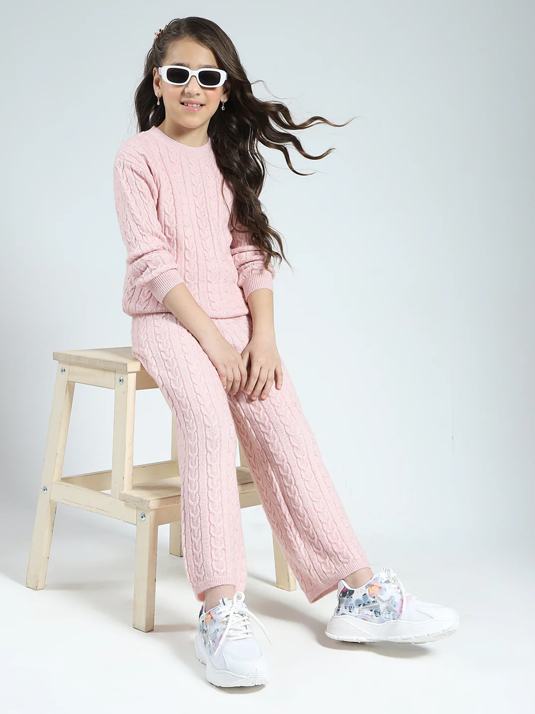 Girls Pink Self Design Round Neck Full Sleeve Cords Set - Image 2