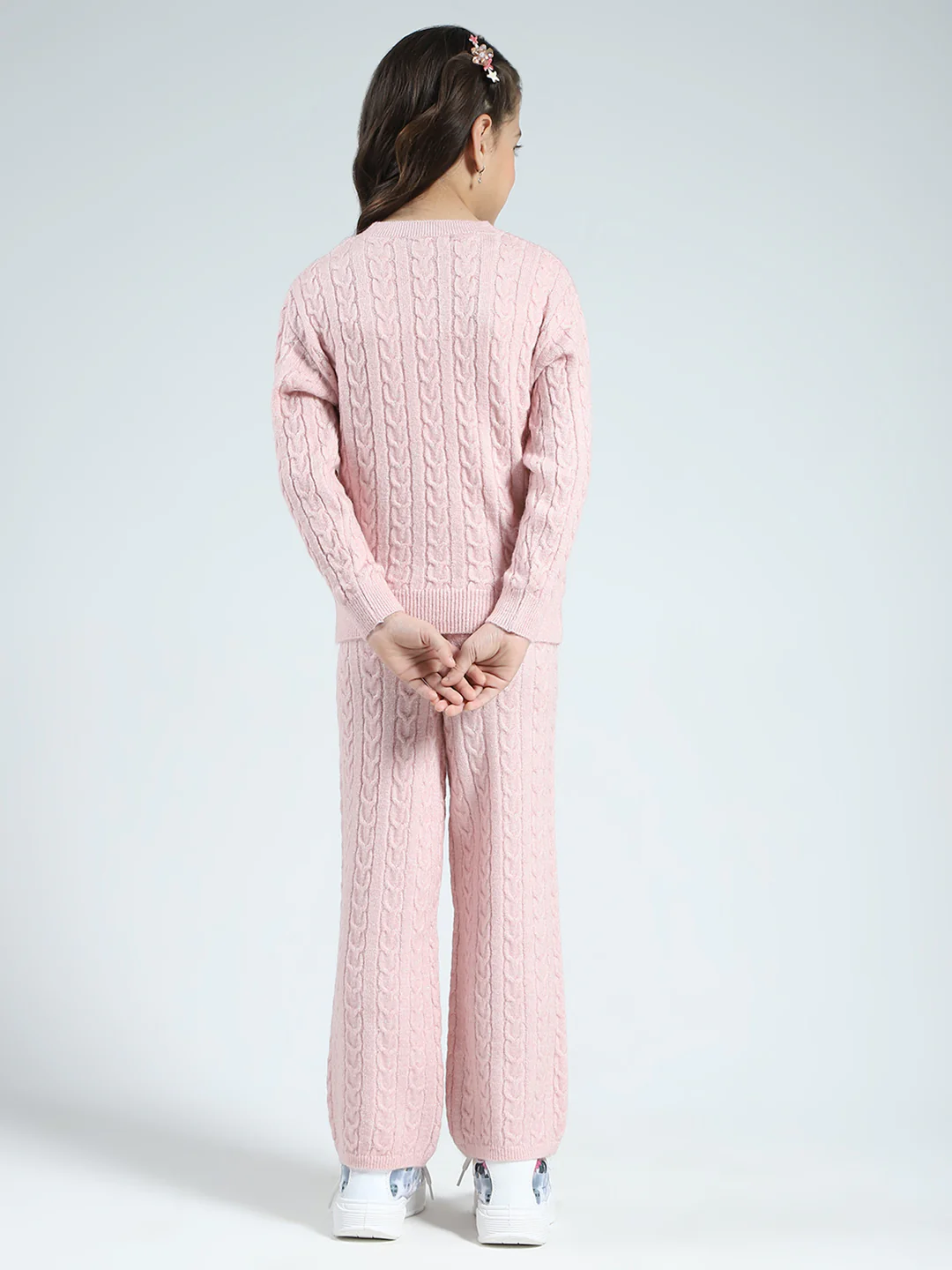 Girls Pink Self Design Round Neck Full Sleeve Cords Set - Image 5