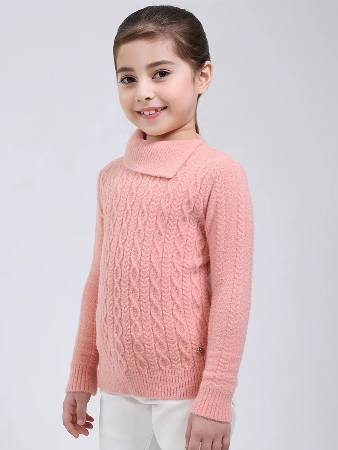 Girls Pink Self Design Round Neck Full Sleeve Pullover - Image 3