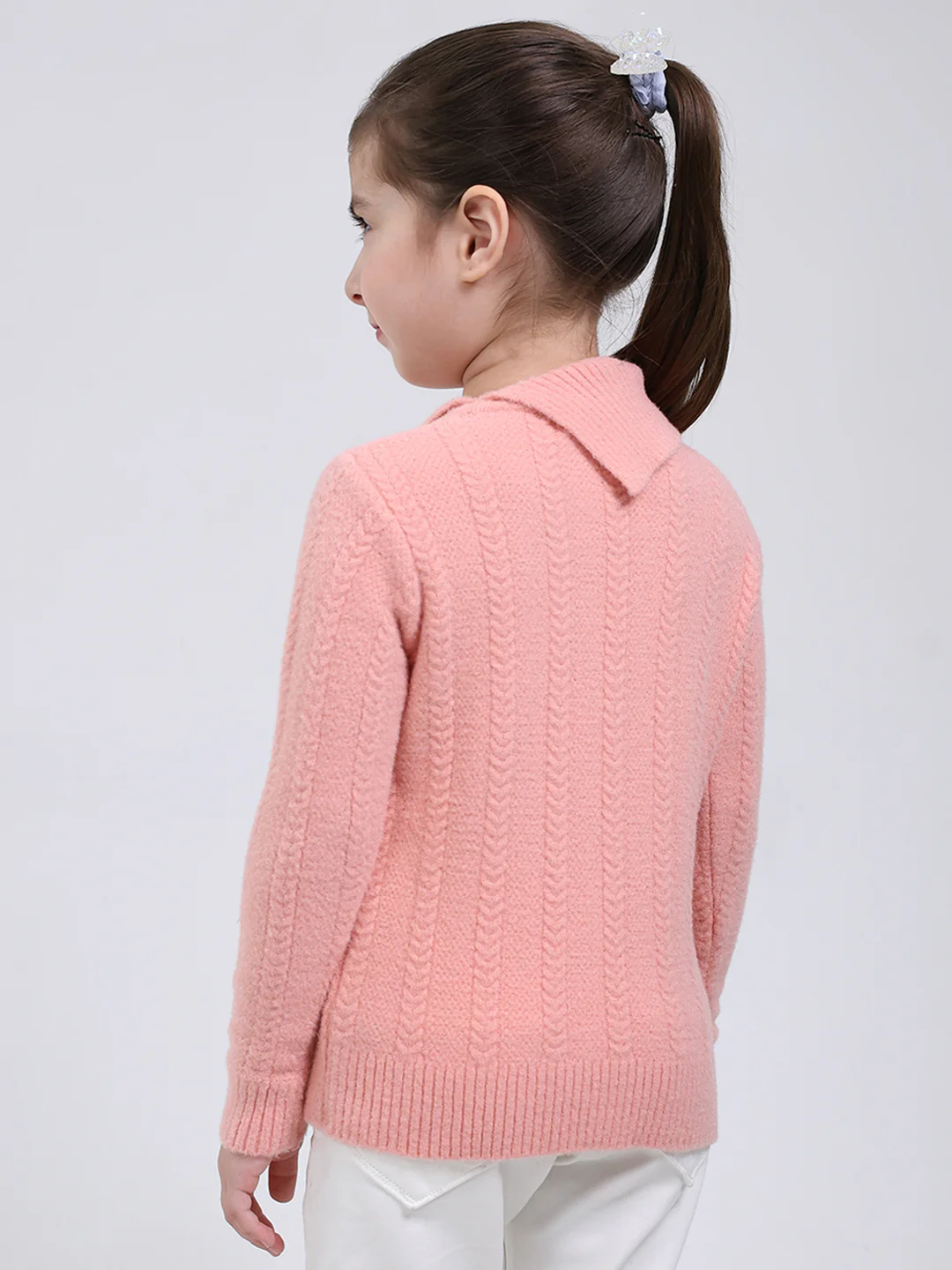 Girls Pink Self Design Round Neck Full Sleeve Pullover - Image 5