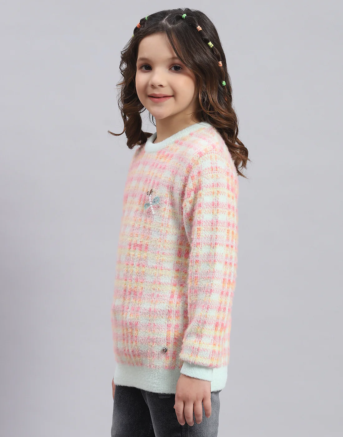 Girls Pink Self Design Round Neck Full Sleeve Sweater - Image 4