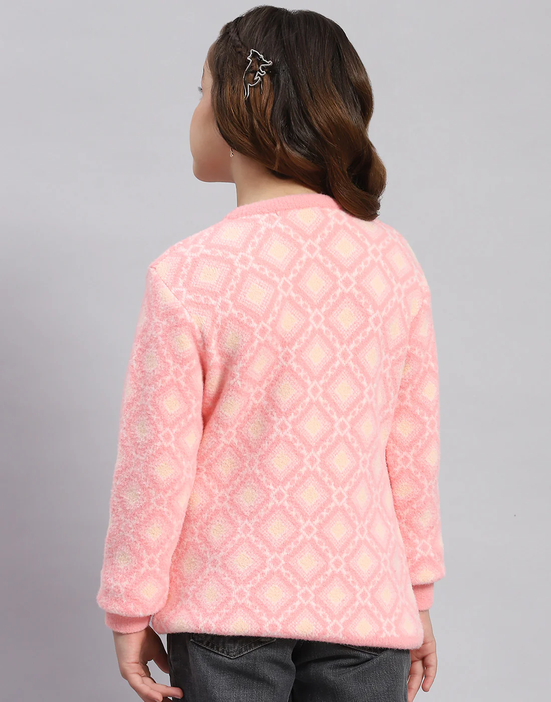 Girls Pink Self Design Round Neck Full Sleeve Sweater - Image 5