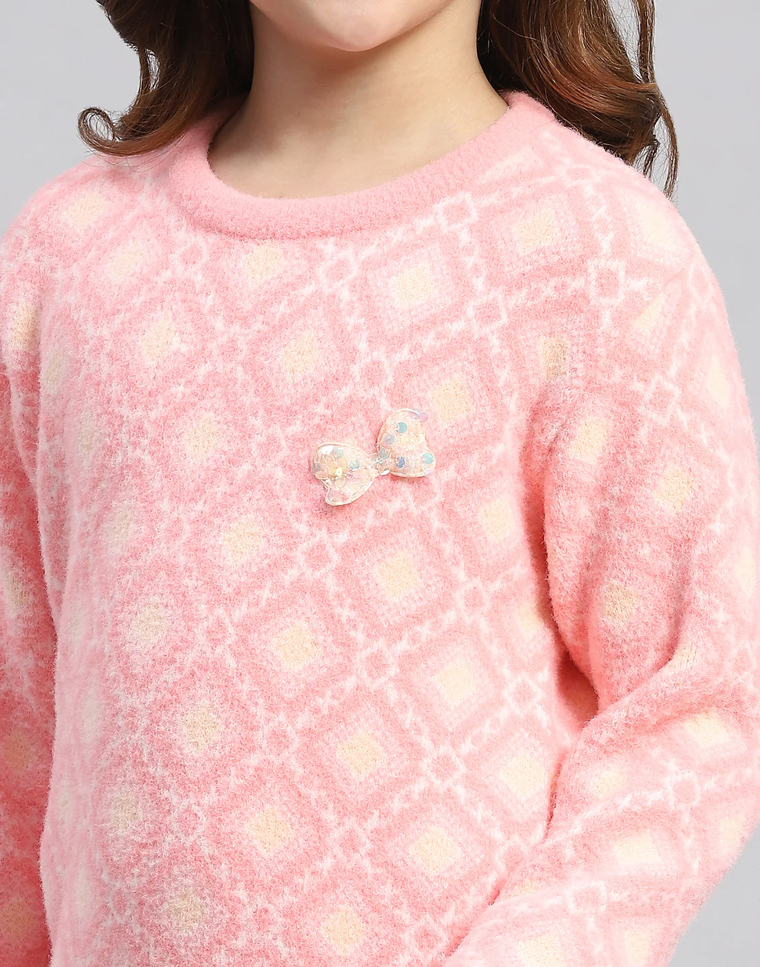 Girls Pink Self Design Round Neck Full Sleeve Sweater - Image 6