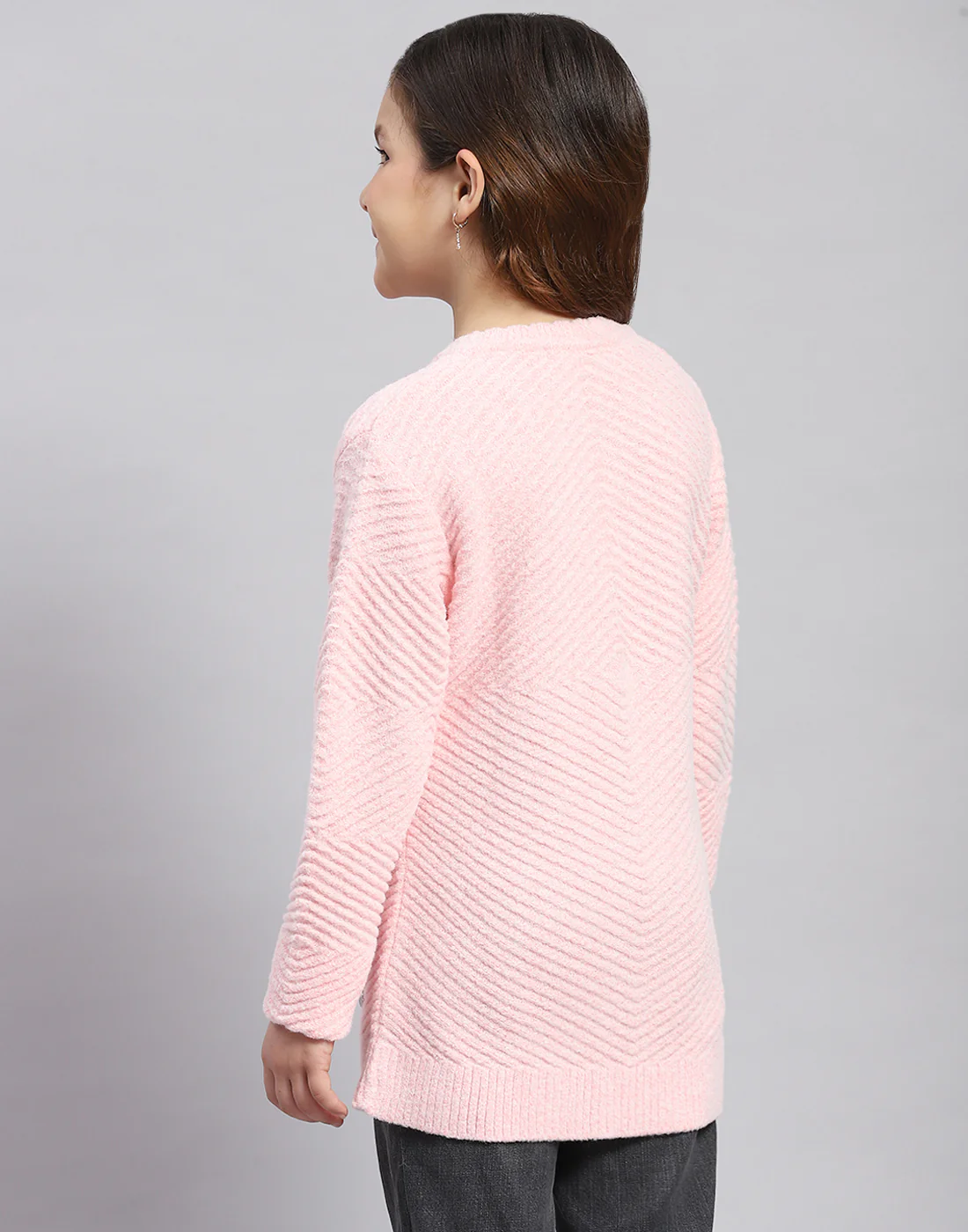 Girls Pink Self Design Round Neck Full Sleeve Sweater - Image 6
