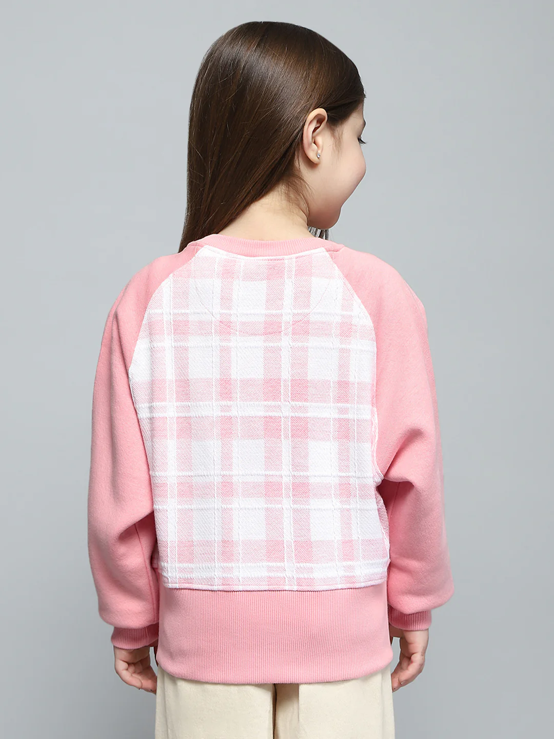 Girls Pink Self Design Round Neck Full Sleeve Sweatshirt - Image 5