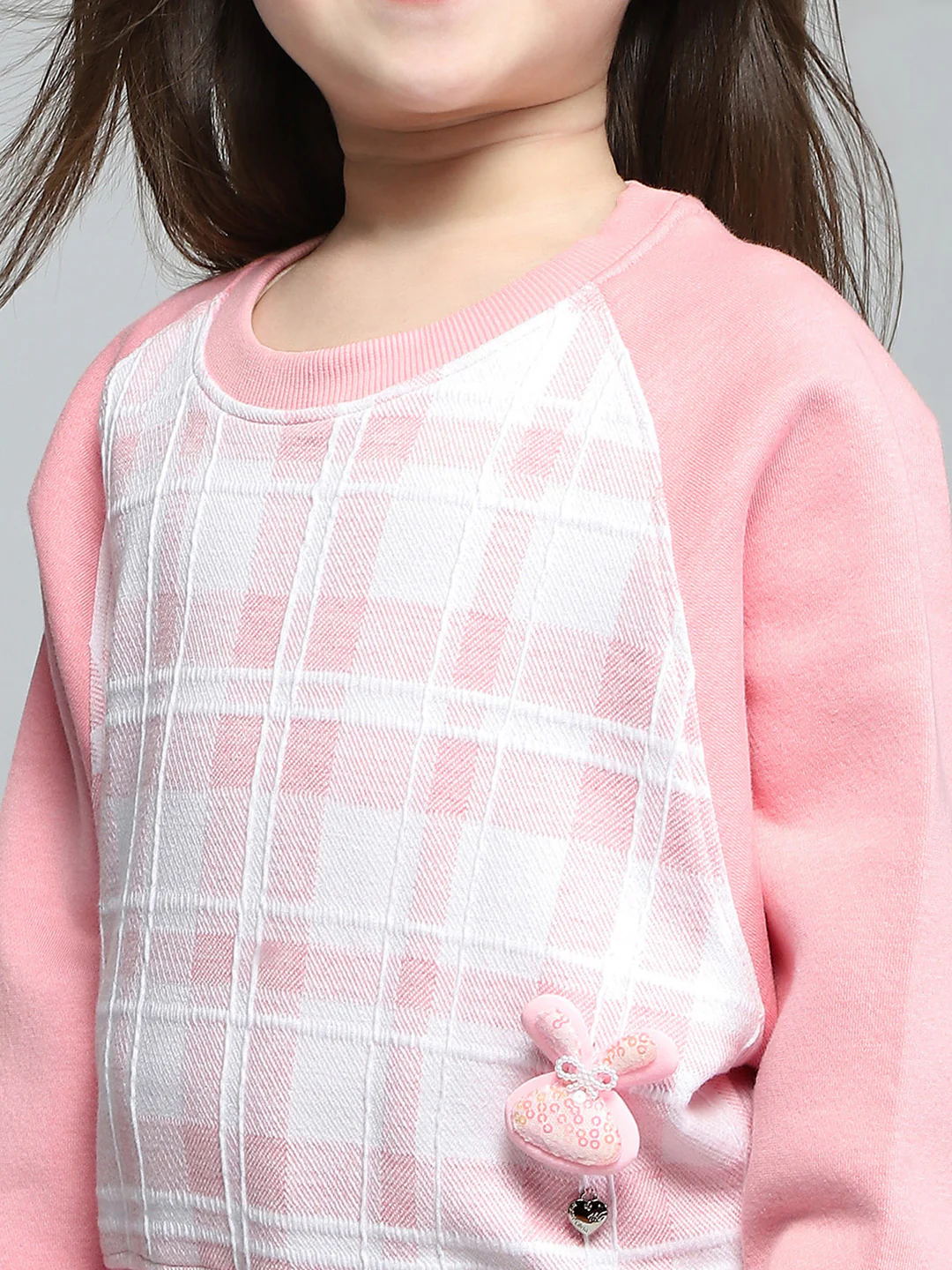 Girls Pink Self Design Round Neck Full Sleeve Sweatshirt - Image 6