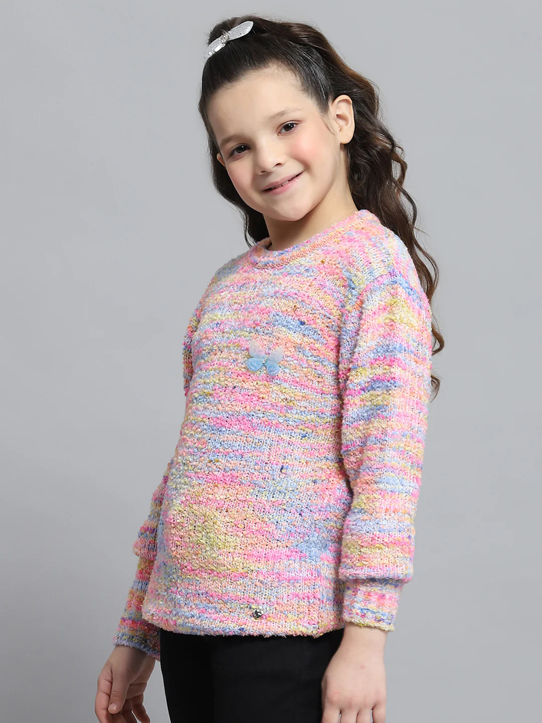 Girls Pink Self Design Round Neck Full Sleeve Winter Top - Image 3
