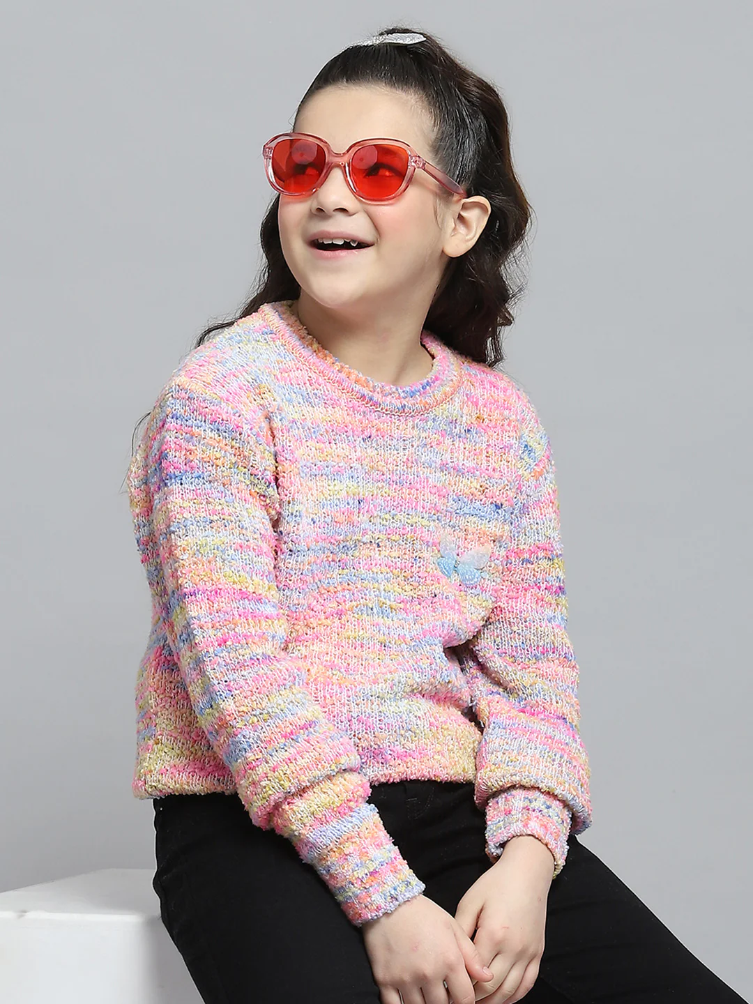 Girls Pink Self Design Round Neck Full Sleeve Winter Top - Image 6