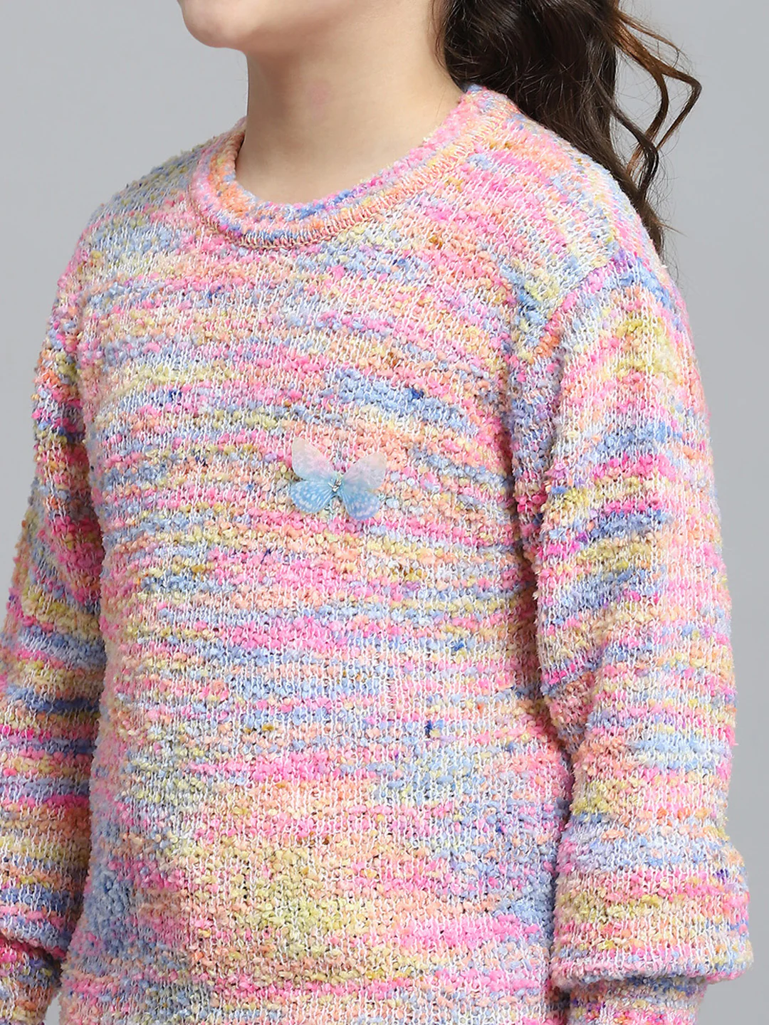 Girls Pink Self Design Round Neck Full Sleeve Winter Top - Image 7
