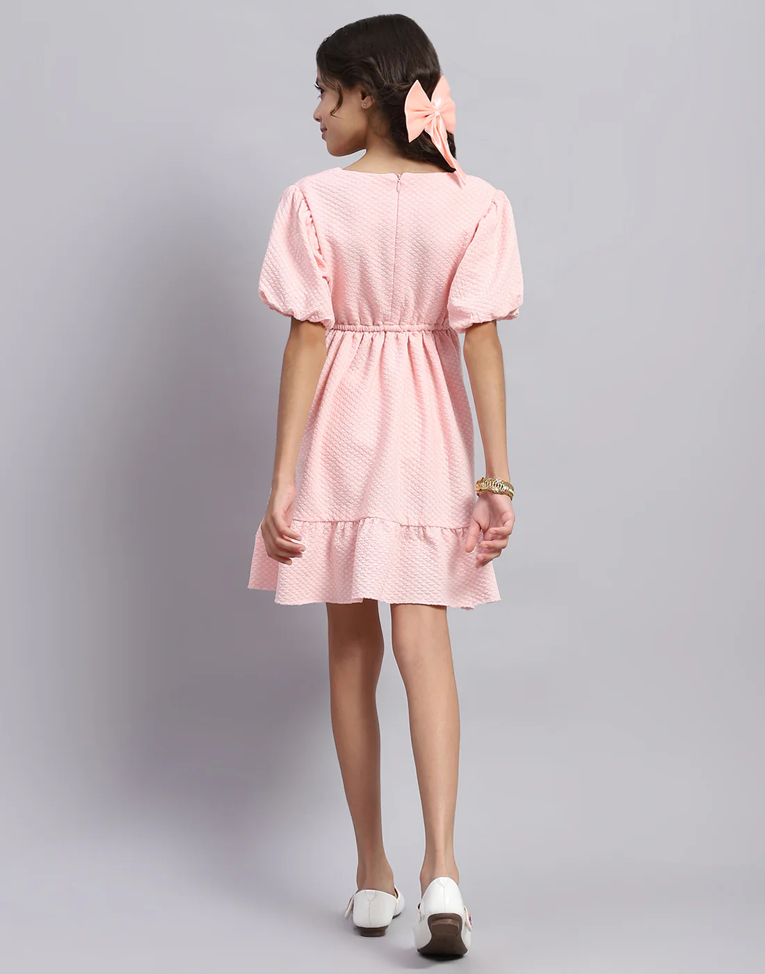 Girls Pink Self Design Round Neck Half Sleeve Dress - Image 5