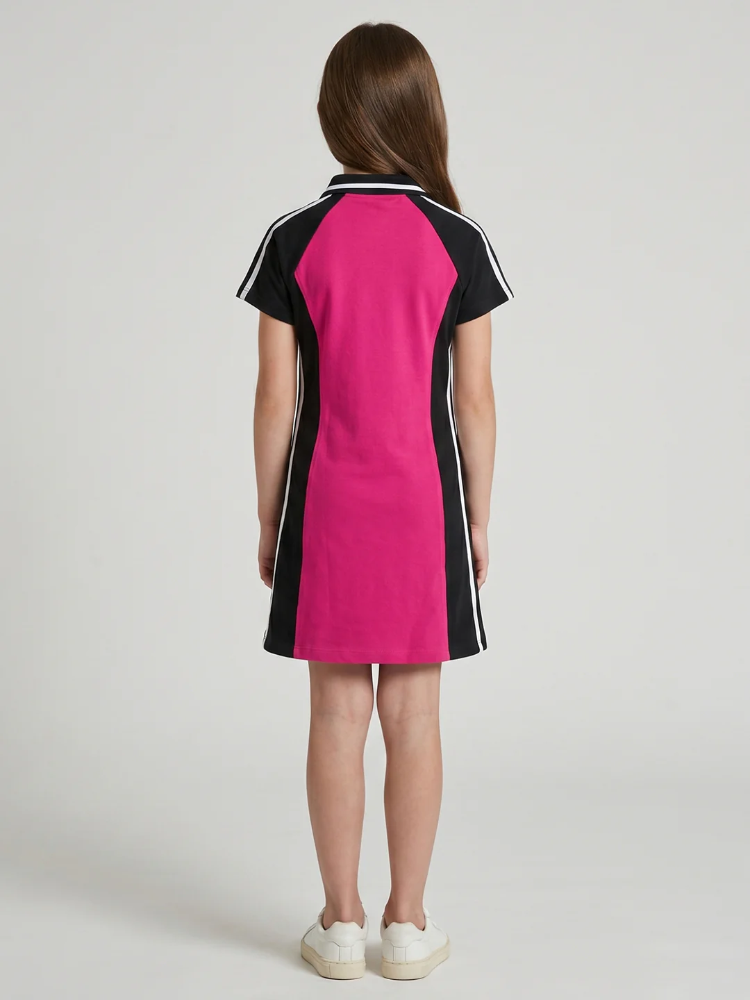 Girls Pink Solid Collar Half Sleeve Dress - Image 4