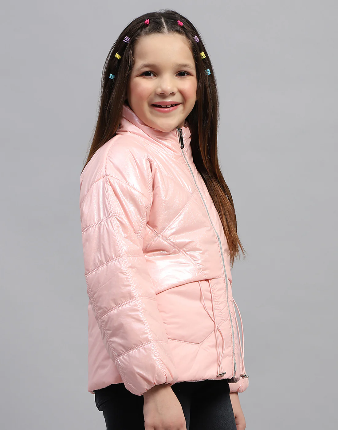 Girls Pink Solid High Neck Full Sleeve Jacket - Image 4