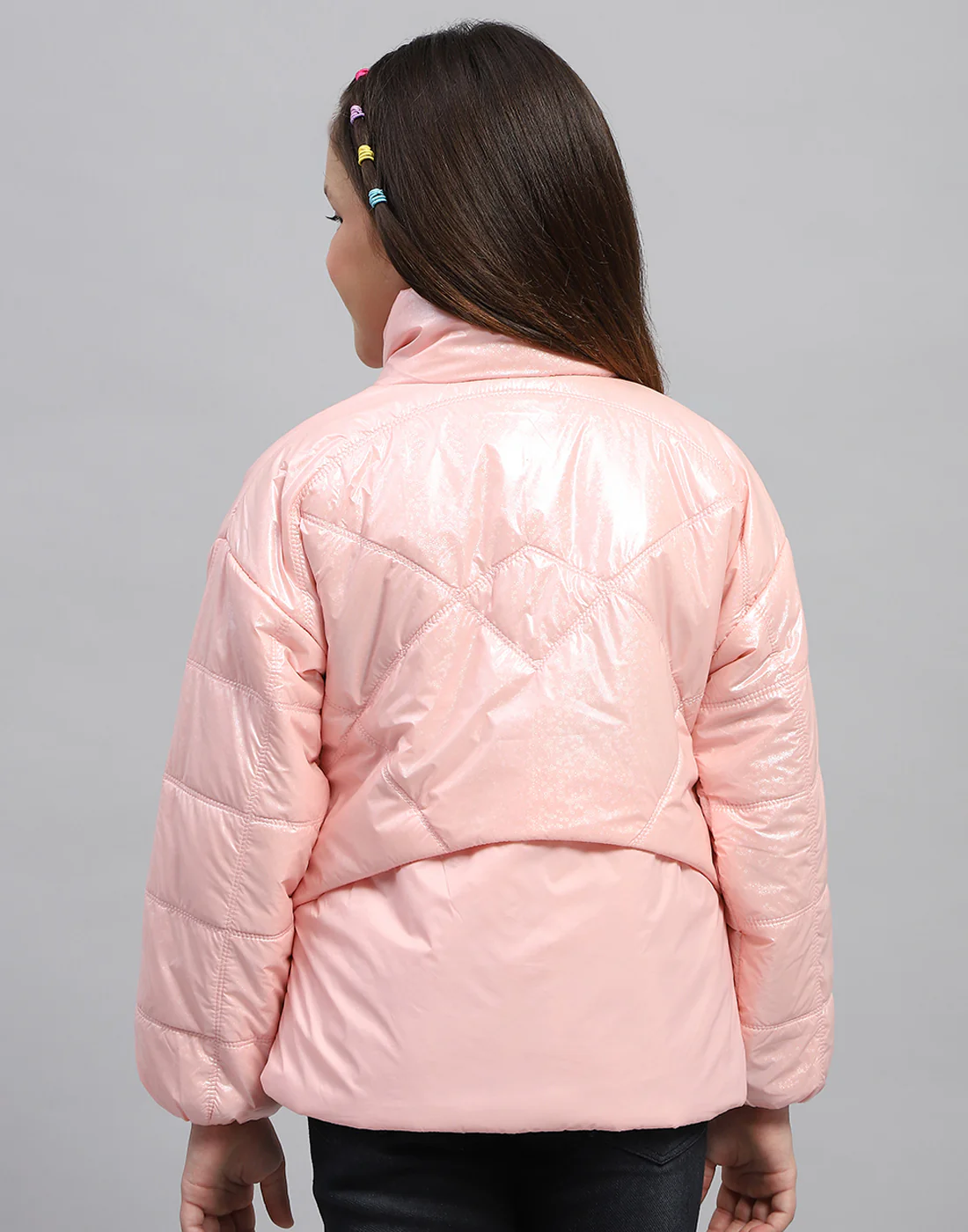 Girls Pink Solid High Neck Full Sleeve Jacket - Image 5