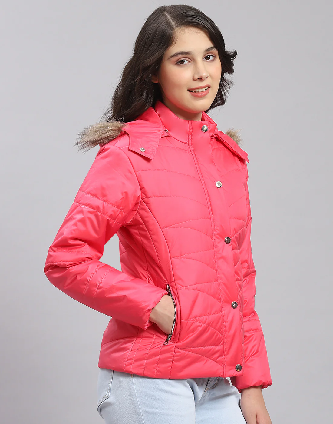 Girls Pink Solid Hooded Full Sleeve Girls Jacket - Image 4