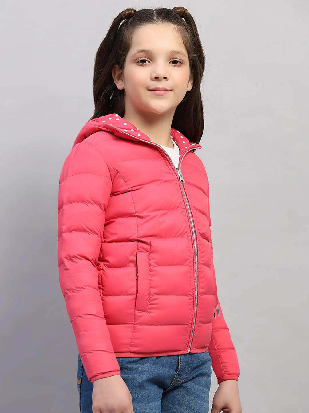 Girls Pink Solid Hooded Full Sleeve Reversible Jacket - Image 4