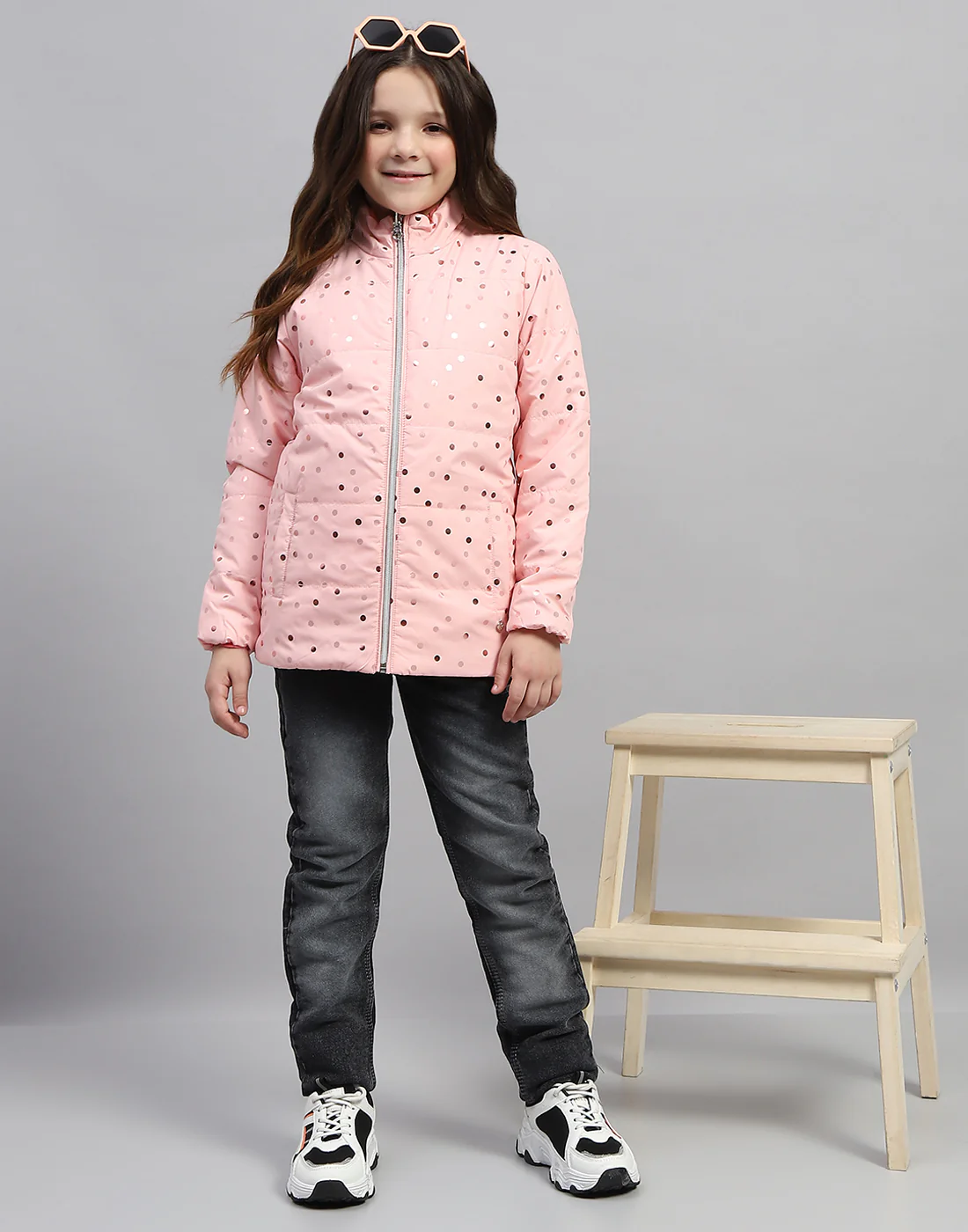 Girls Pink Solid Mock Neck Full Sleeve Jacket - Image 6