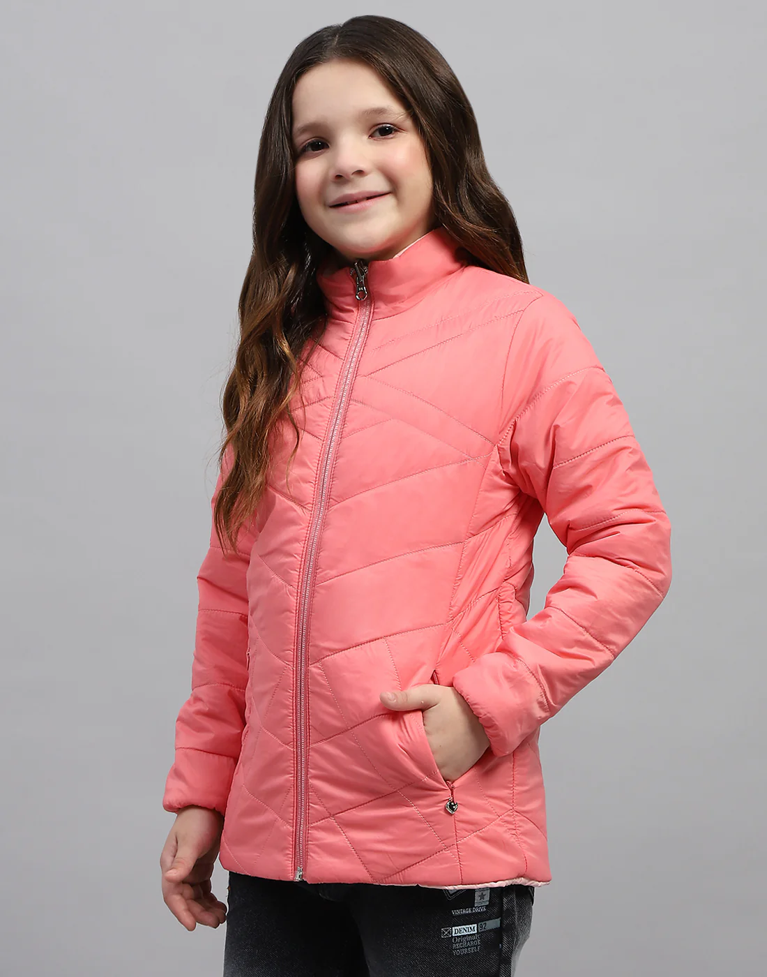 Girls Pink Solid Mock Neck Full Sleeve Jacket - Image 9