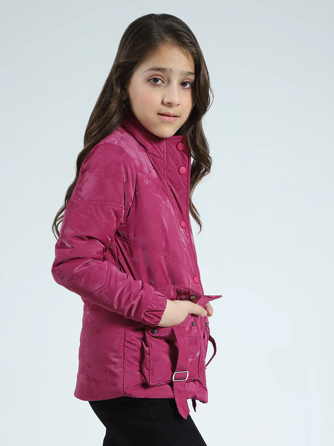 Girls Pink Solid Mock Neck Full Sleeve Jacket - Image 4