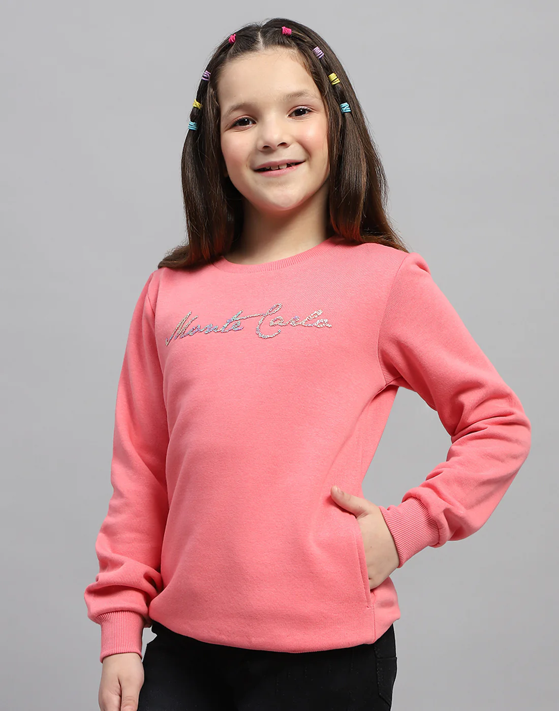 Girls Pink Solid Round Neck Full Sleeve Sweatshirt - Image 2