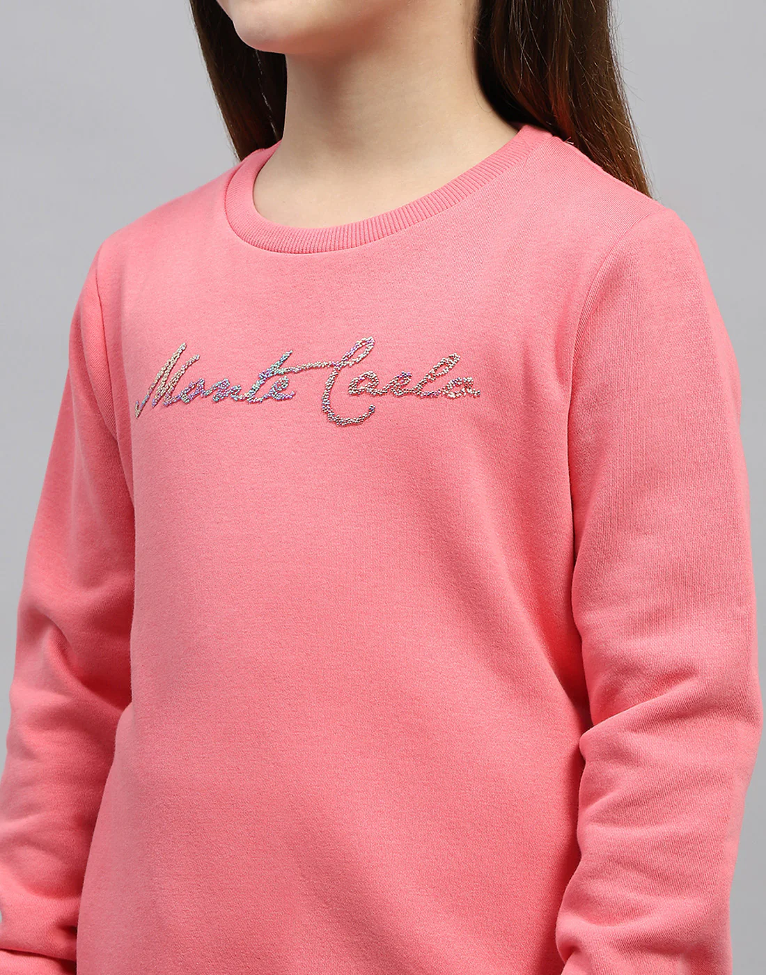 Girls Pink Solid Round Neck Full Sleeve Sweatshirt - Image 6