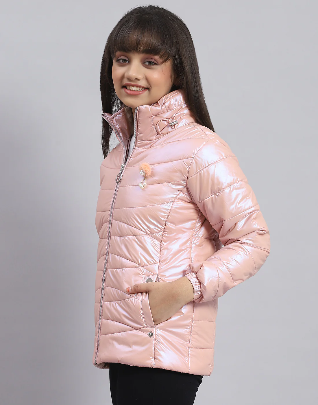 Girls Pink Solid Stand Collar Full Sleeve Girls Jacket - Image 4
