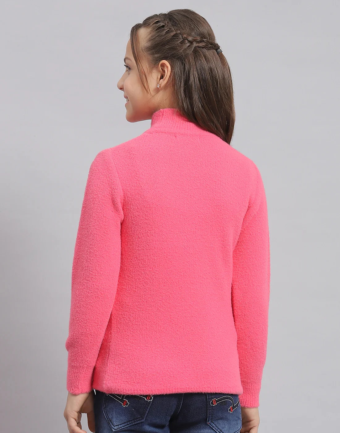 Girls Pink Solid T Neck Full Sleeve Sweater - Image 5