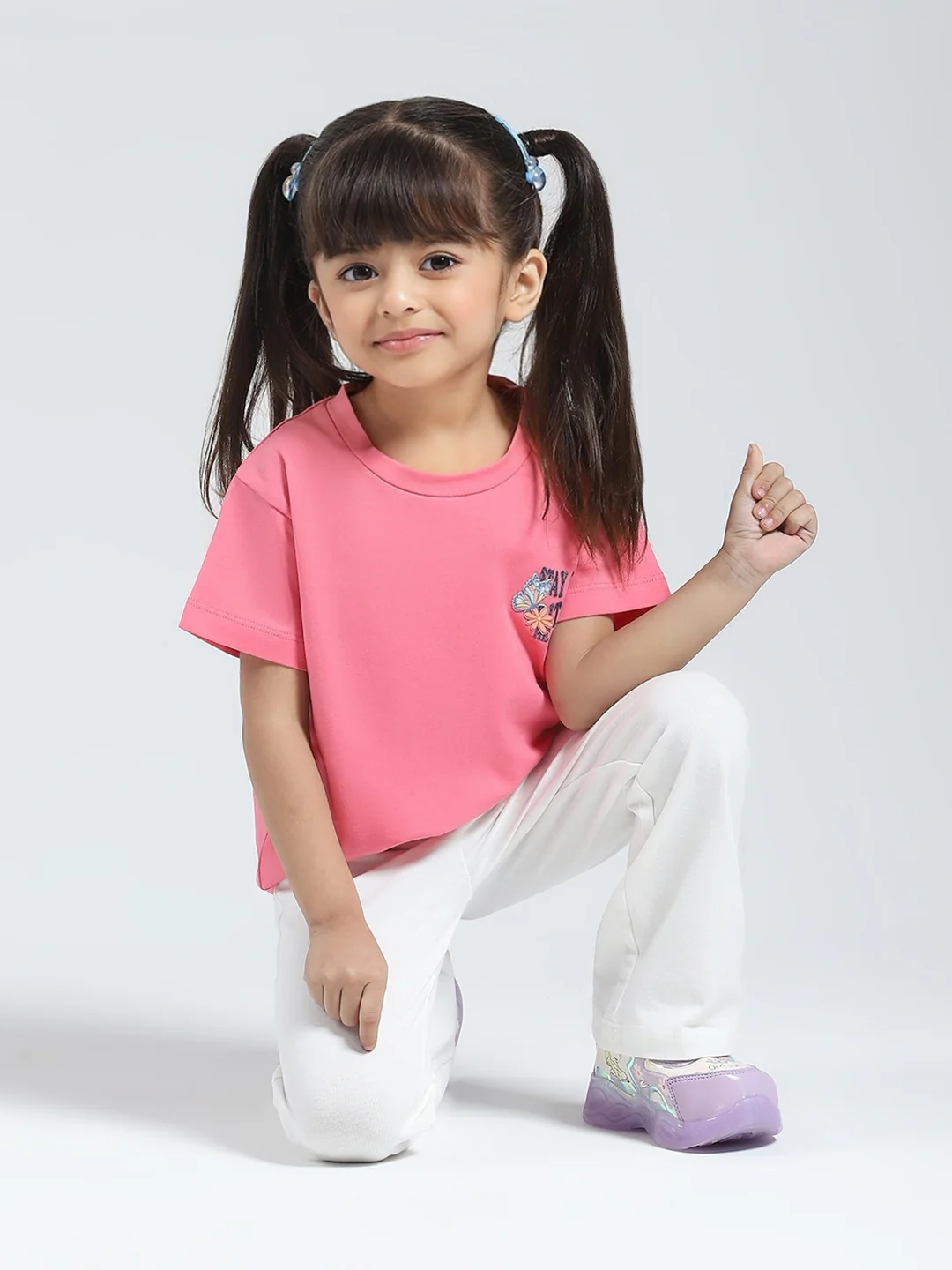 Girls Pink Solid Round Neck Half Sleeve Top - Image 2