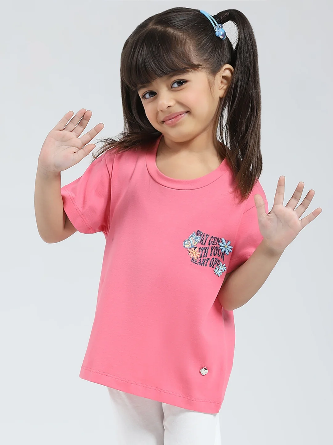 Girls Pink Solid Round Neck Half Sleeve Top - Image 3