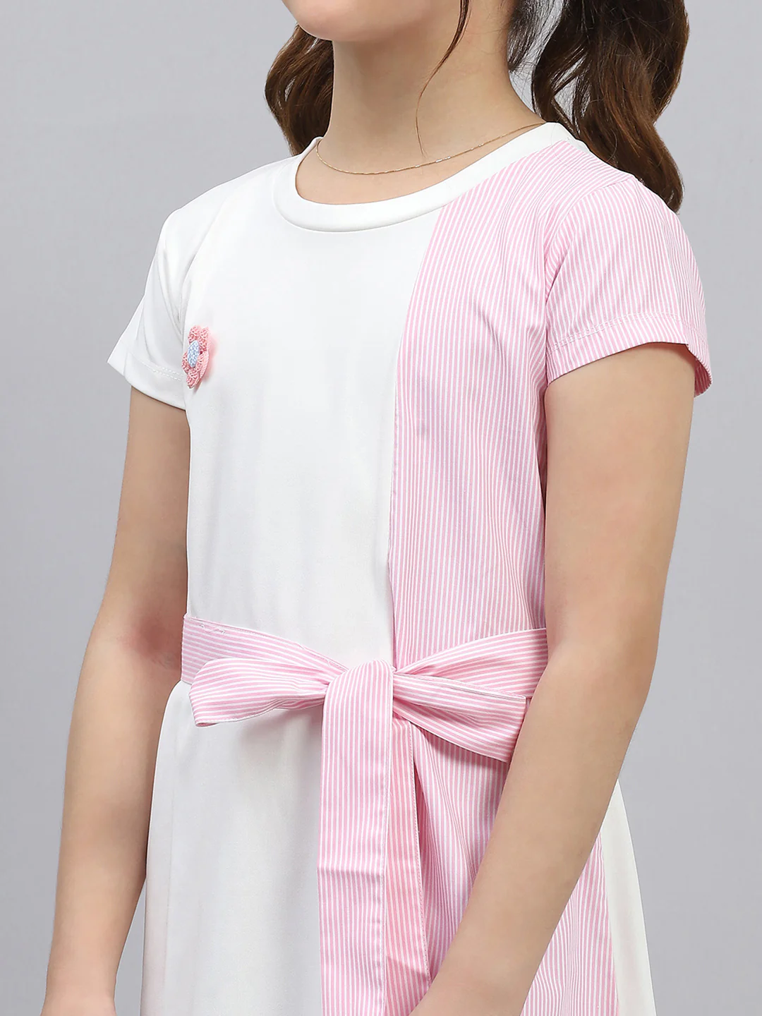 Girls Pink Stripe Round Neck Half Sleeve Dress - Image 7