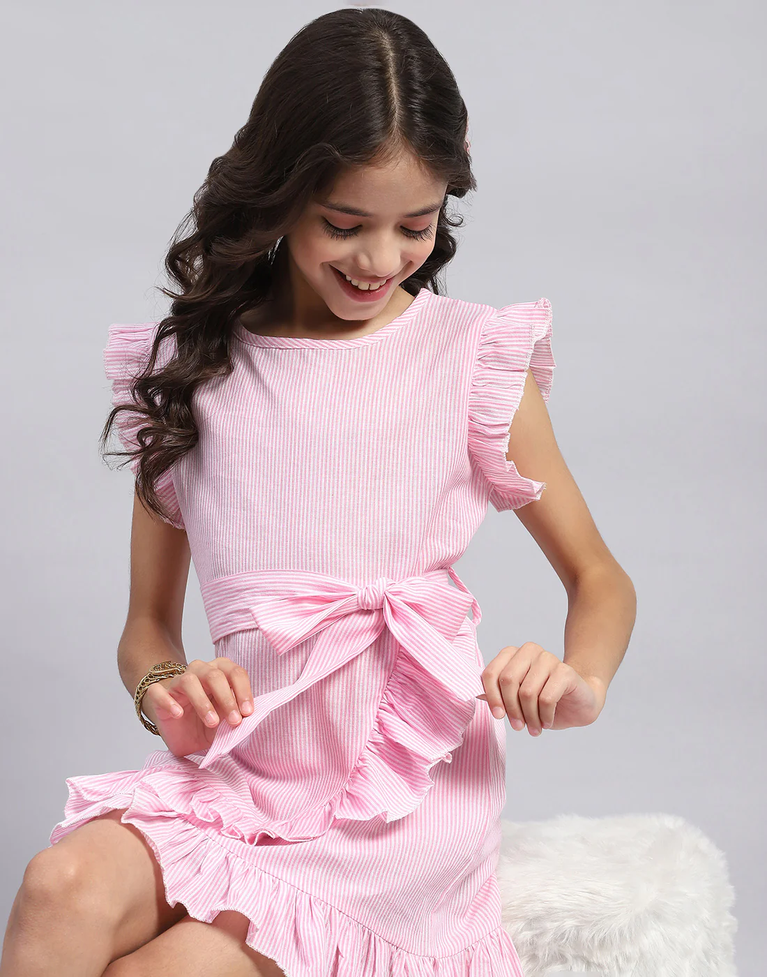 Girls Pink Stripe Round Neck Half Sleeve Dress - Image 6
