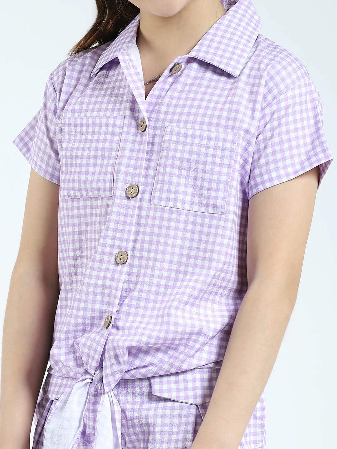 Girls Purple Check Collar Half Sleeve Cords Set - Image 7