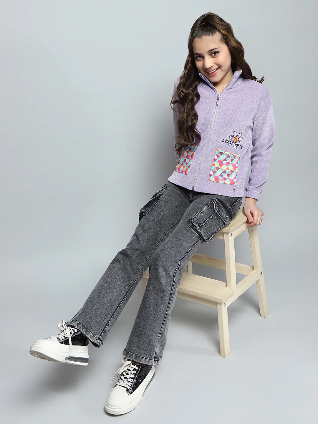 Girls Purple Printed Collar Full Sleeve Sweatshirt - Image 2