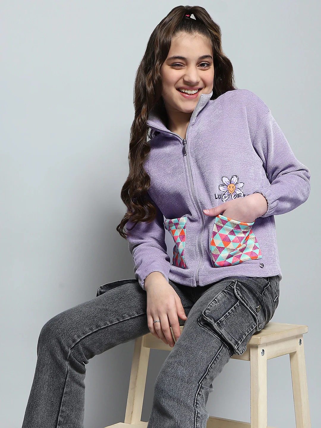 Girls Purple Printed Collar Full Sleeve Sweatshirt - Image 6