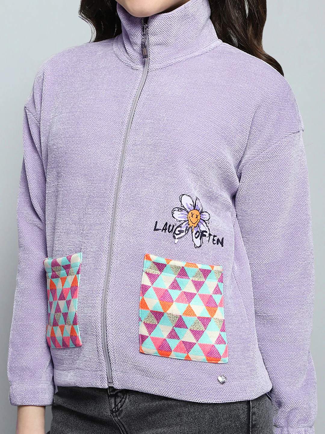 Girls Purple Printed Collar Full Sleeve Sweatshirt - Image 7