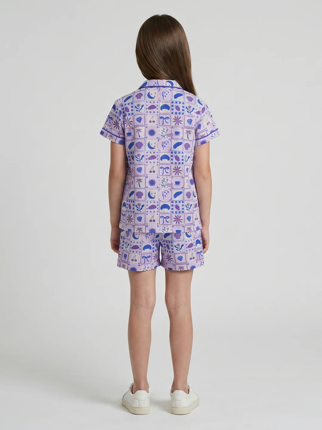 Girls Purple Printed Collar Half Sleeve Shorts Set - Image 4