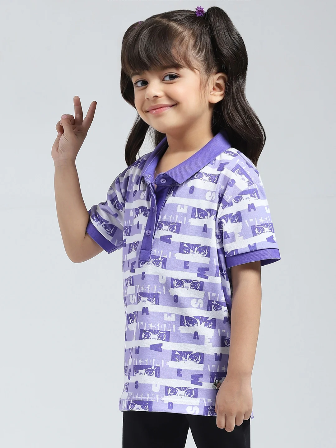 Girls Purple Printed Collar Half Sleeve T-Shirt - Image 3