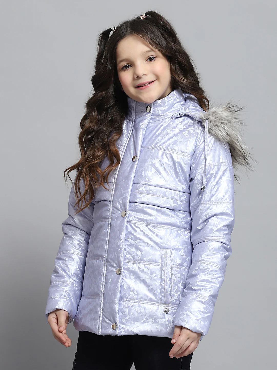 Girls Purple Printed Hooded Full Sleeve Jacket - Image 3