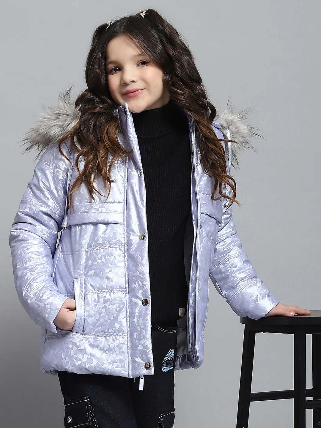 Girls Purple Printed Hooded Full Sleeve Jacket - Image 6