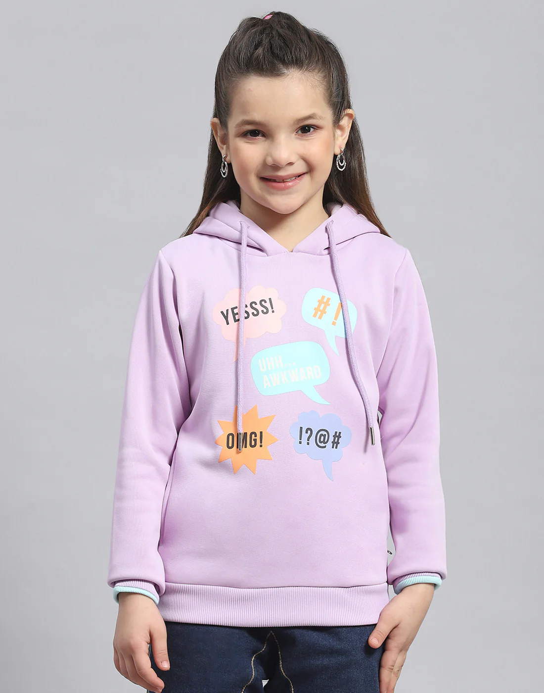 Girls Purple Printed Hooded Full Sleeve Sweatshirt - Image 3