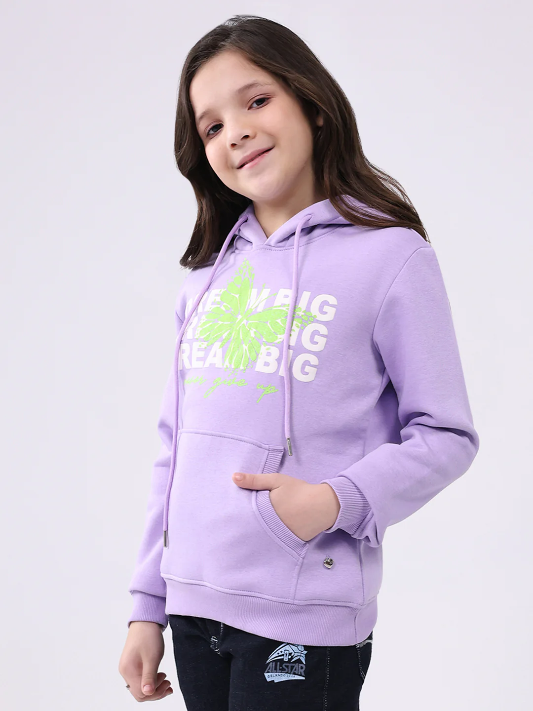 Girls Purple Printed Hooded Full Sleeve Sweatshirt - Image 3