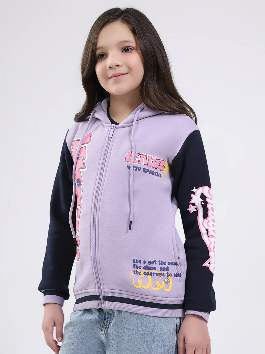 Girls Purple Printed Hooded Full Sleeve Sweatshirt - Image 3