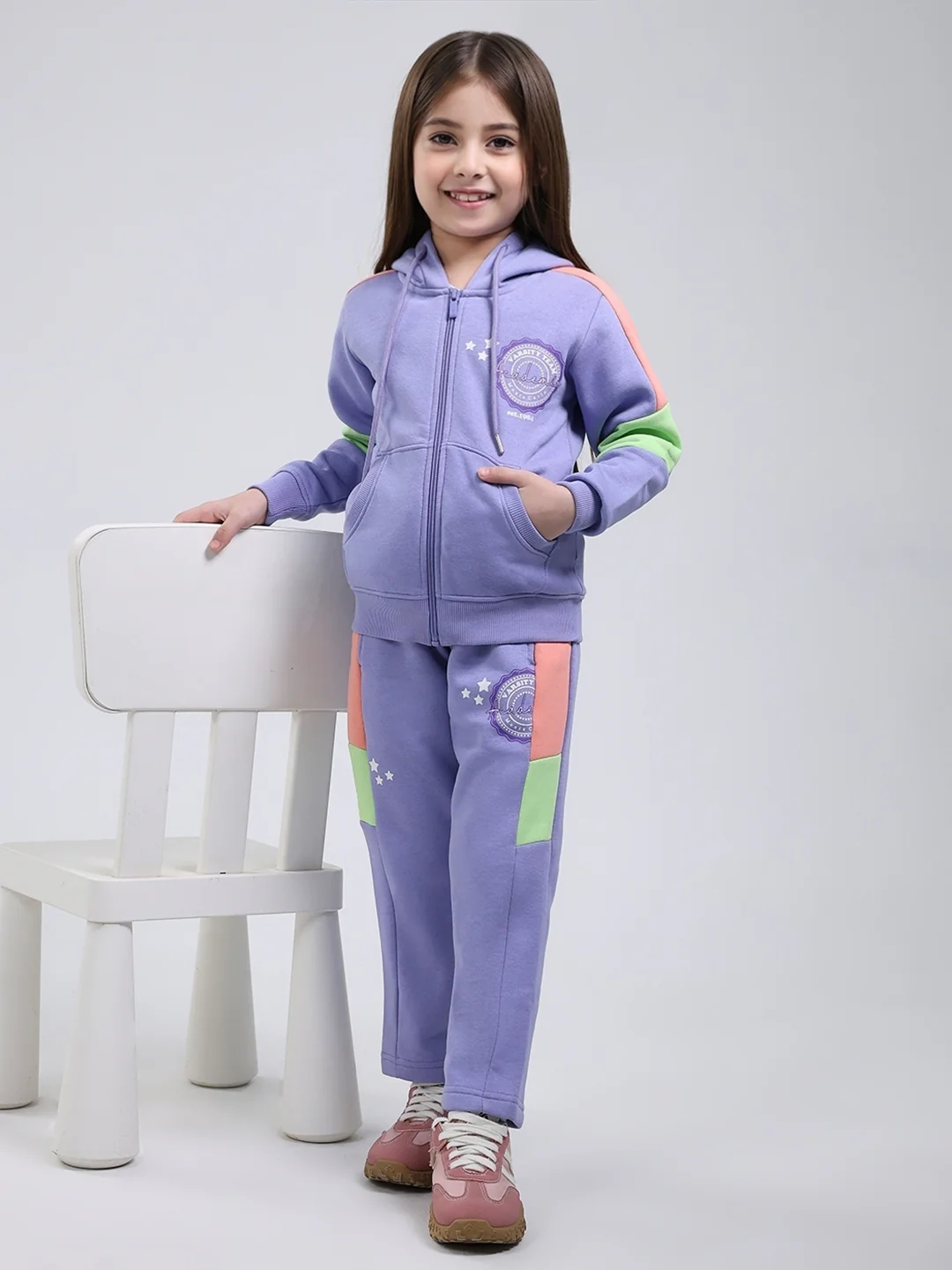Girls Purple Printed Hooded Full Sleeve Tracksuit - Image 2