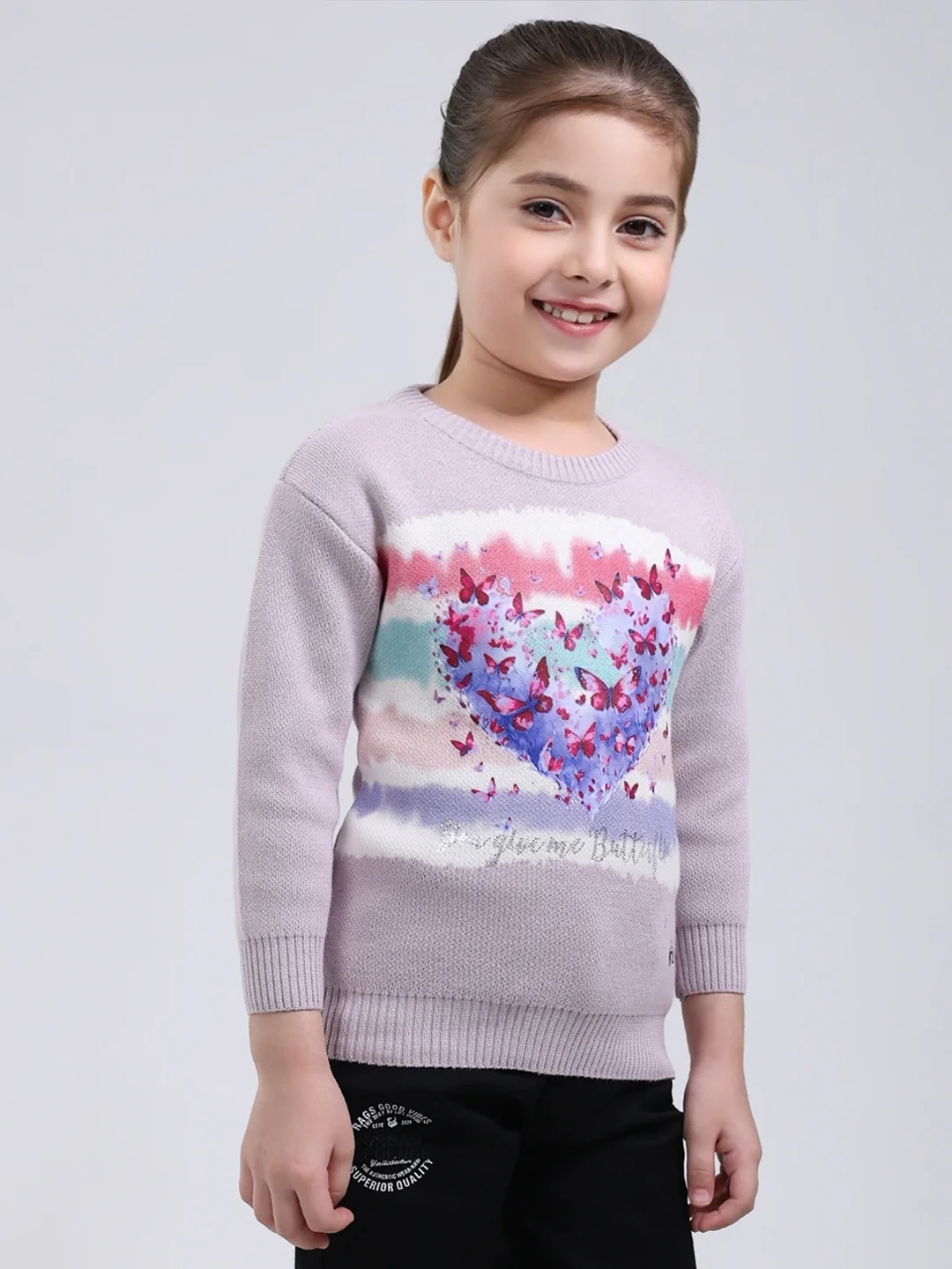 Girls Purple Printed Round Neck Full Sleeve Pullover - Image 4